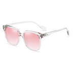 Sunglasses with clear frame and pink lenses on a white background